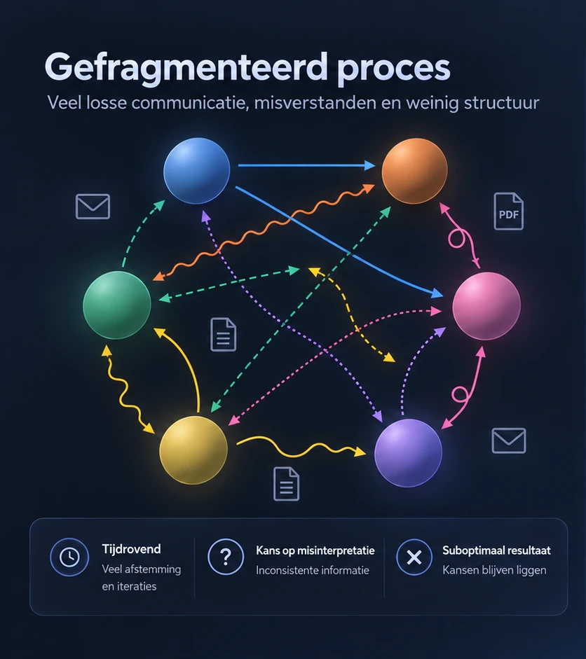 Gefragmenteerd proces: losse communicatie tussen partijen, documenten en misverstanden.