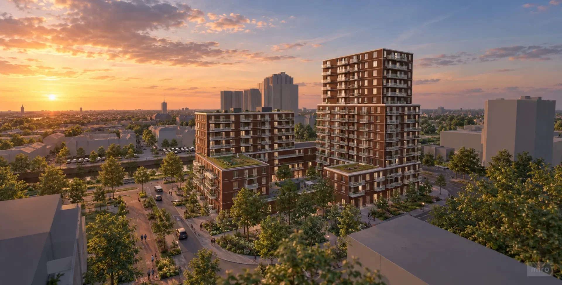 3D-beeld van een wooncomplex in zijn stedelijke omgeving bij zonsondergang