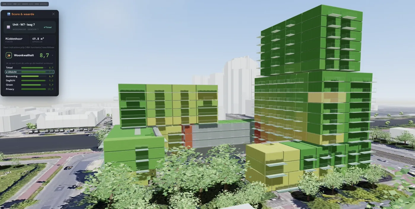 Kwaliteitsscores per unit naast het ingekleurde 3D-model